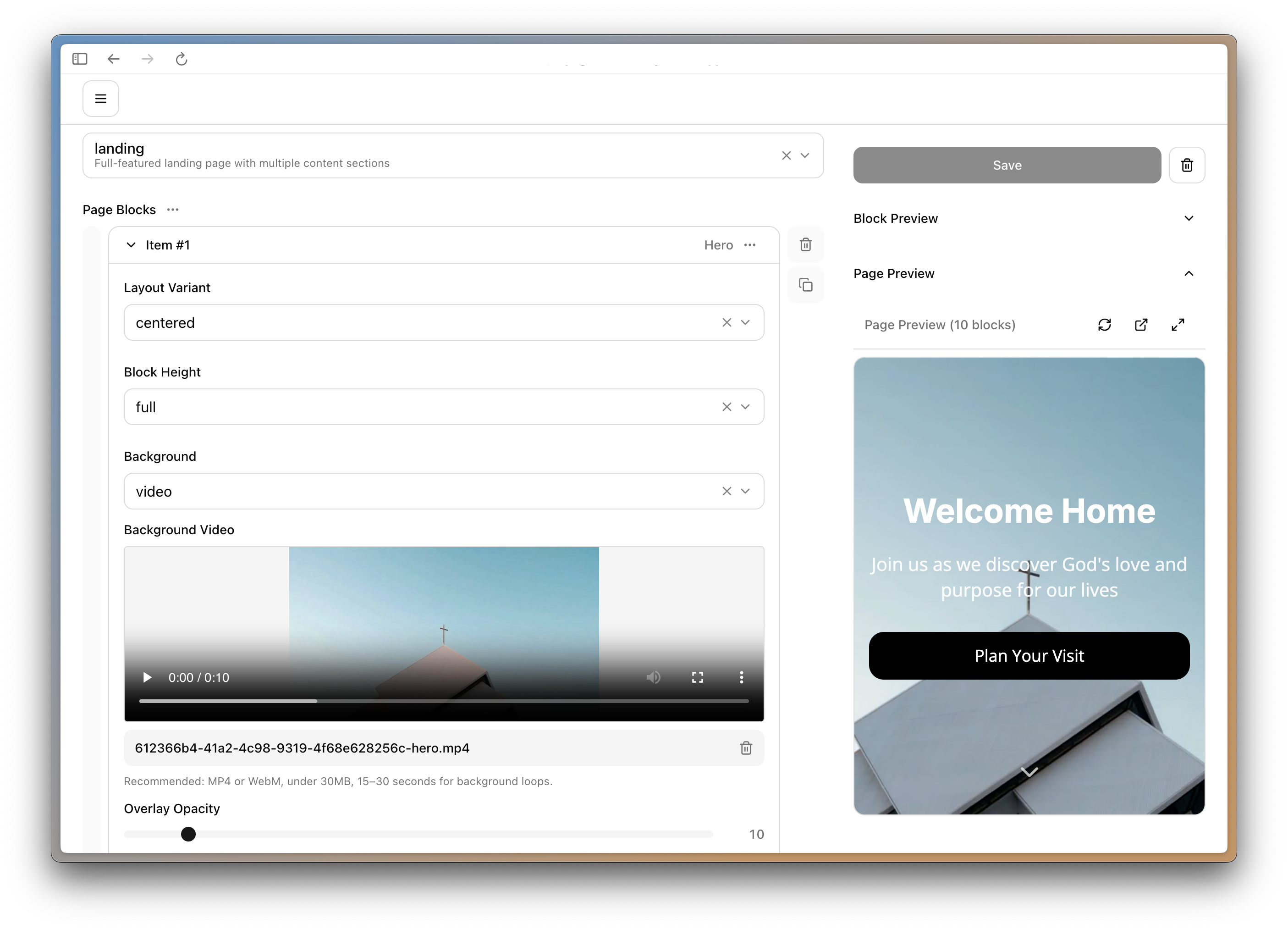 Block-based page editor with live preview