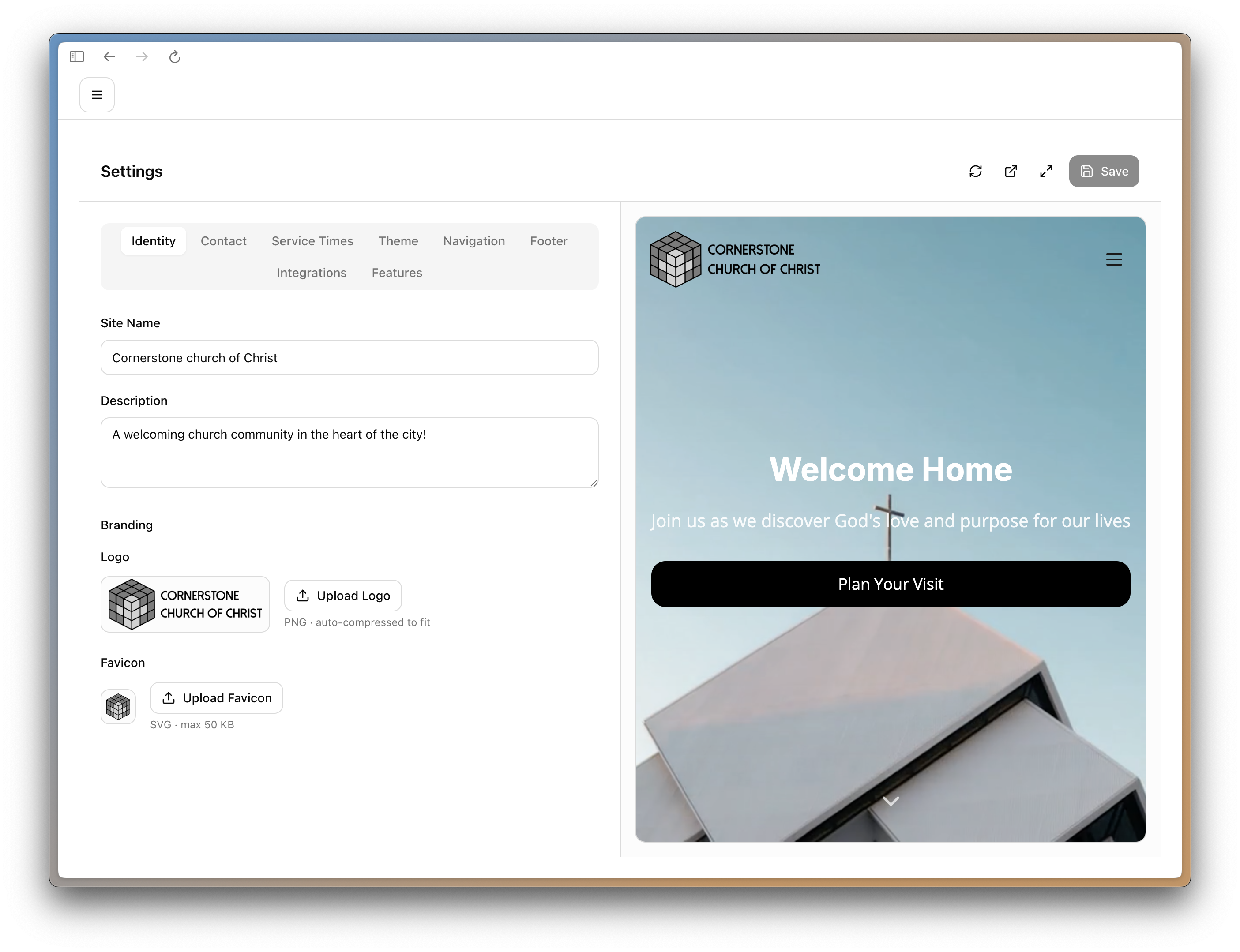Site settings and identity editor